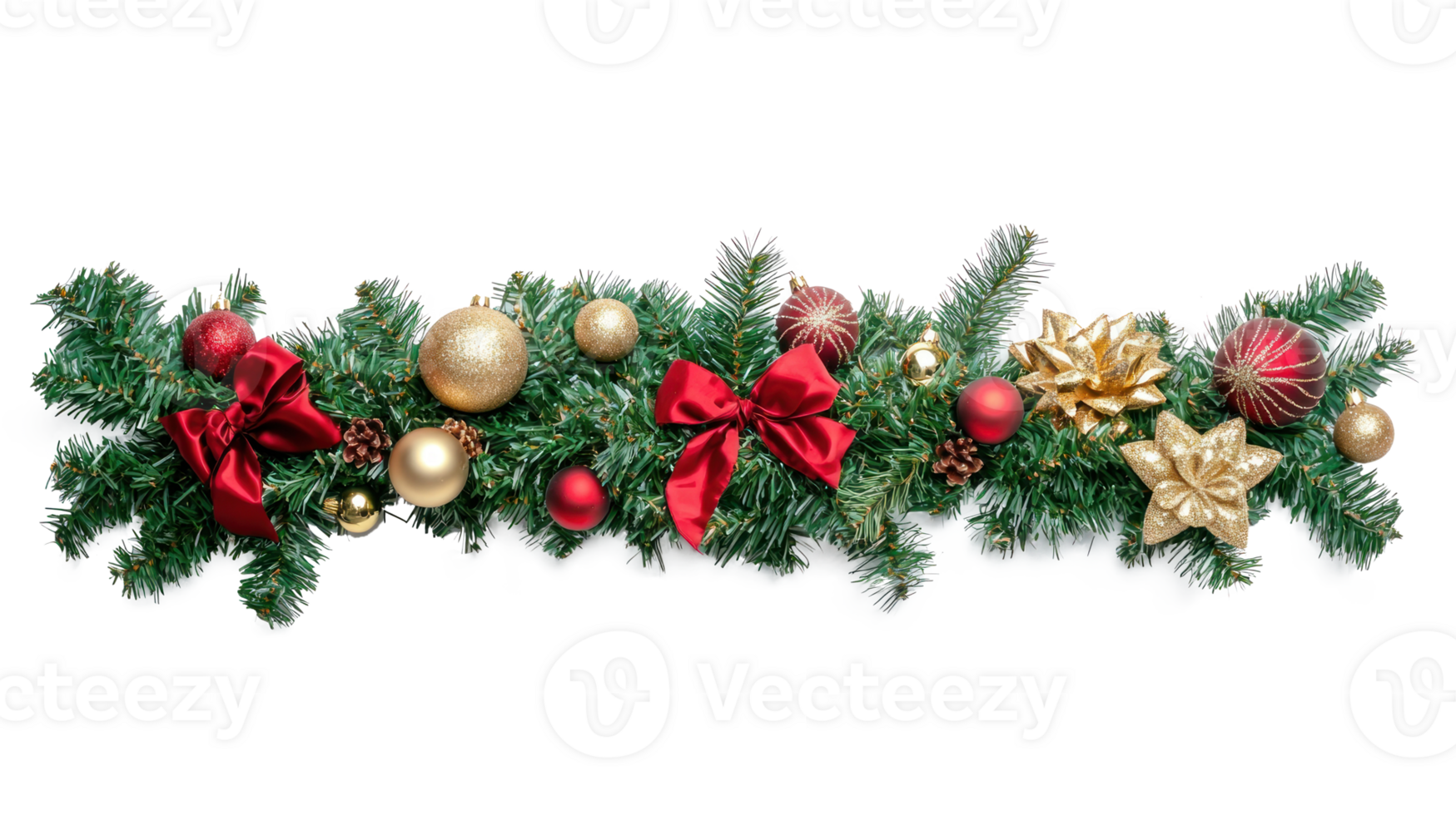 Christmas garland decoration green fir red and baubles and gifts with gold ribbon and bow isolate on transparent background png
