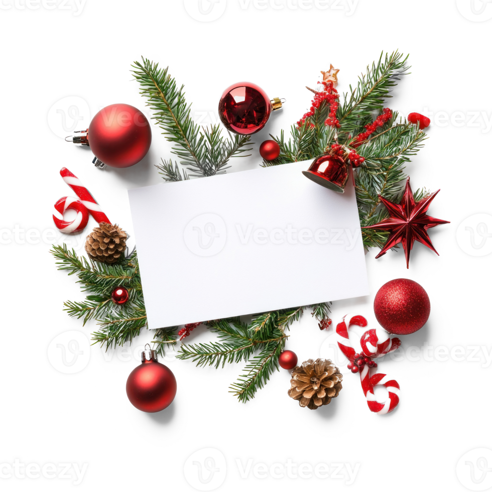 Christmas Decoration items with Blank white paper card top view isolate on transparent background png