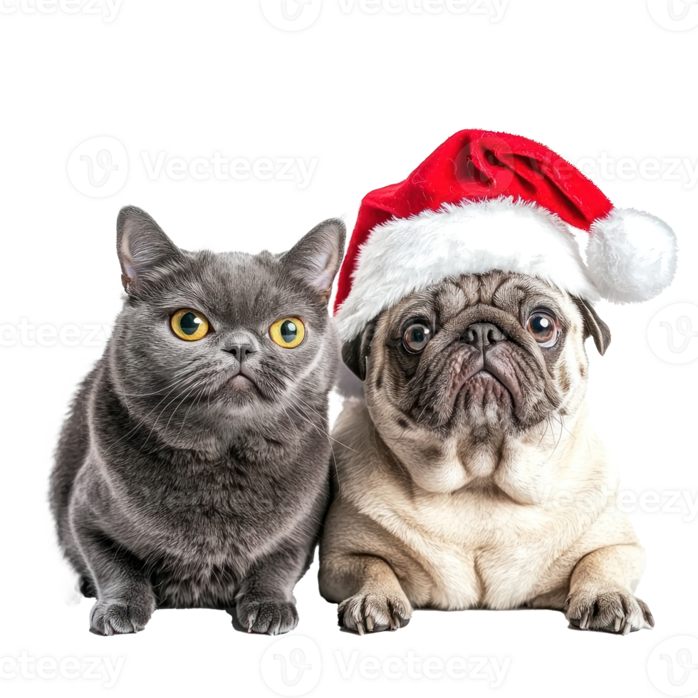 Funny dog and cat wearing a santa hat with christmas decoration items front view full length isolate on transparent background png
