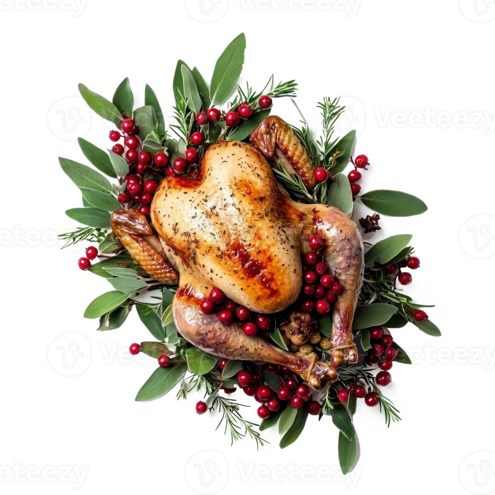 Christmas turkey garnished with red berries and sage leaves isolate on transparent background png