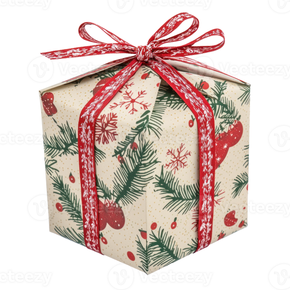 Homemade Christmas gift box wrap front view isolate on transparent background png