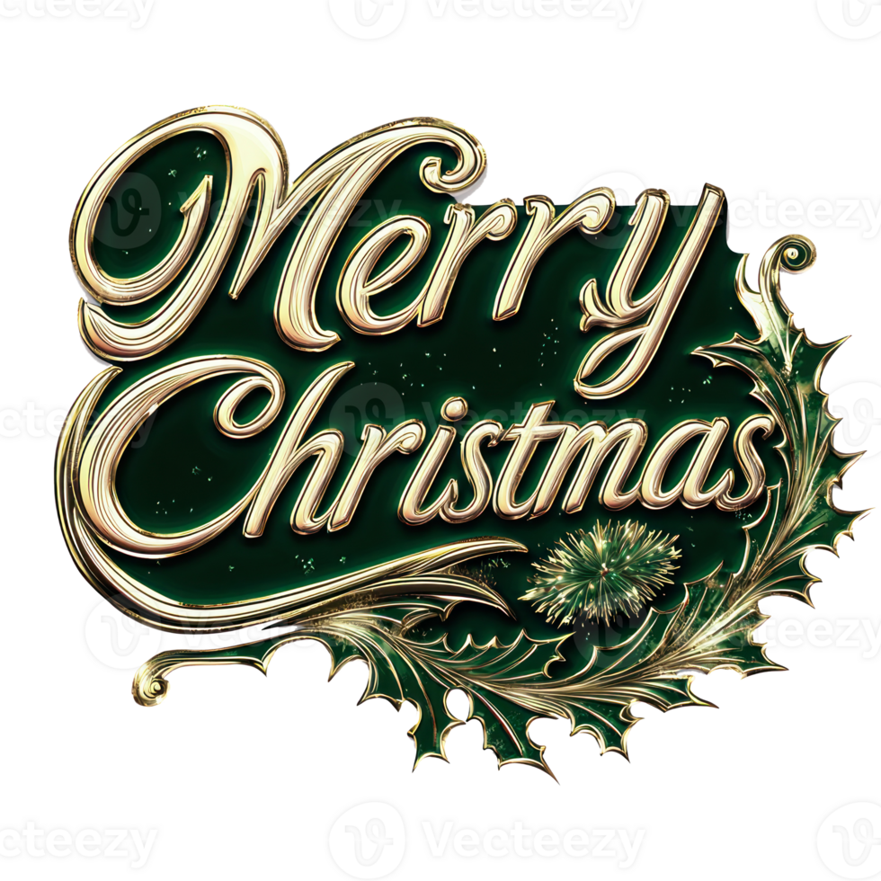 Classic Serif Font Merry Christmas in an elegant serif font, colored in dark green, with a subtle gold outline, and a small wreath in the corner. isolate on transparent background png
