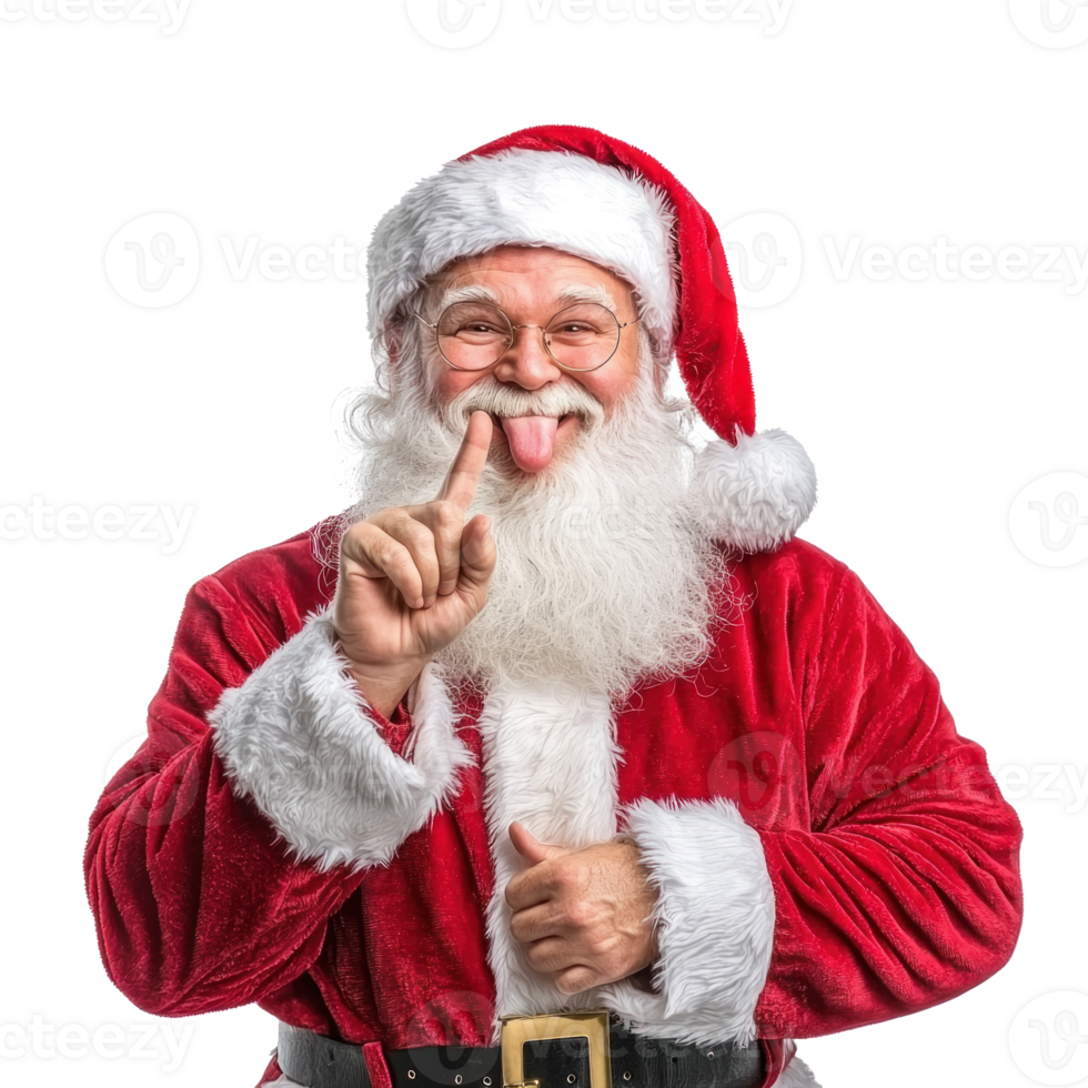 Smiling Santa Claus with finger on lip gesture isolate on transparent background png