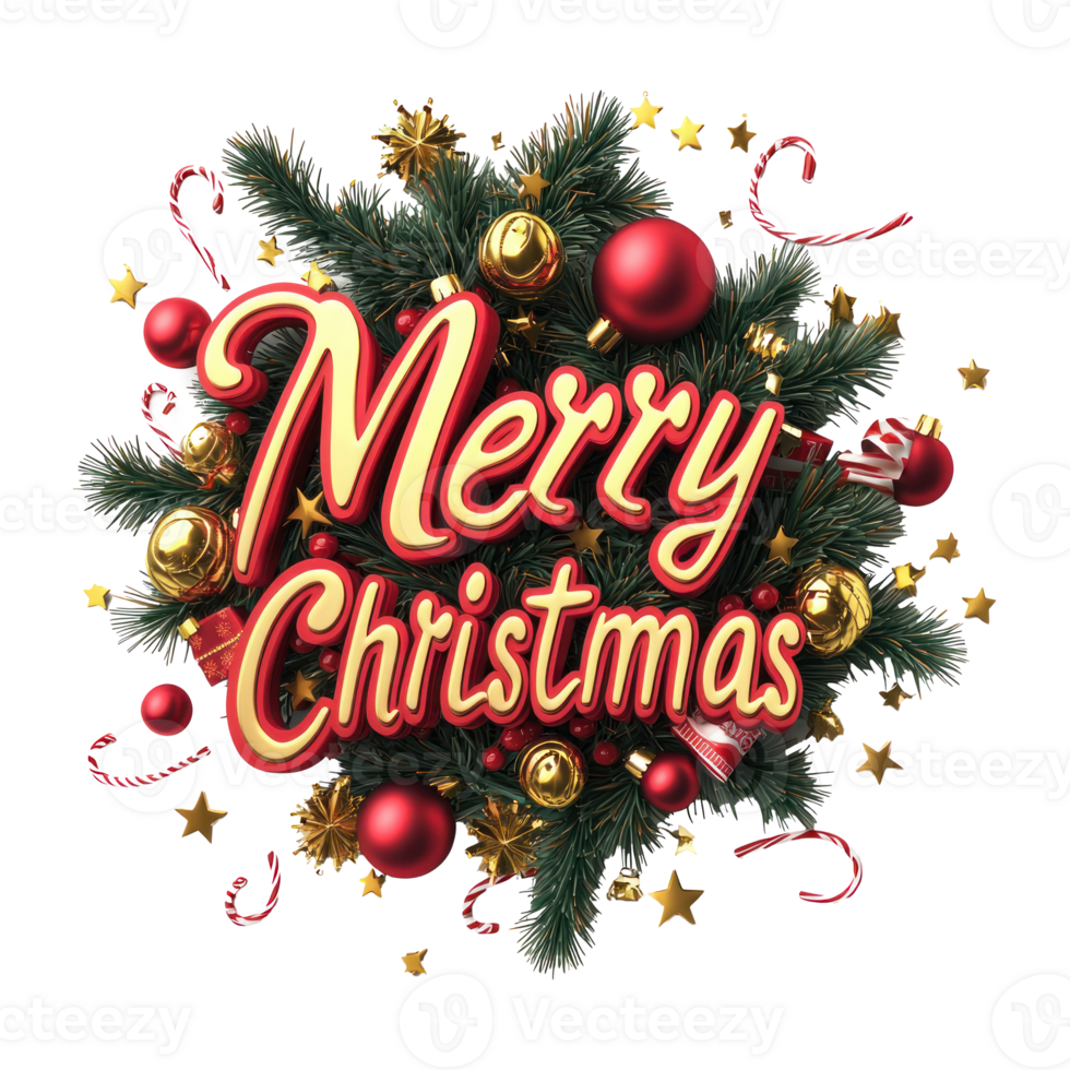 Merry Christmas lettering 3D red and gold with christmas decoration items isolate on transparent background png