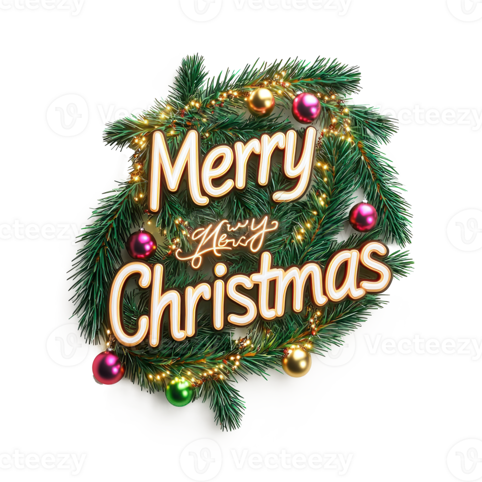 BOLD text Merry Christmas in Christmas style 3D rendering, shape of christmas fir branches decorated with garland and baubles isolate on transparent background png