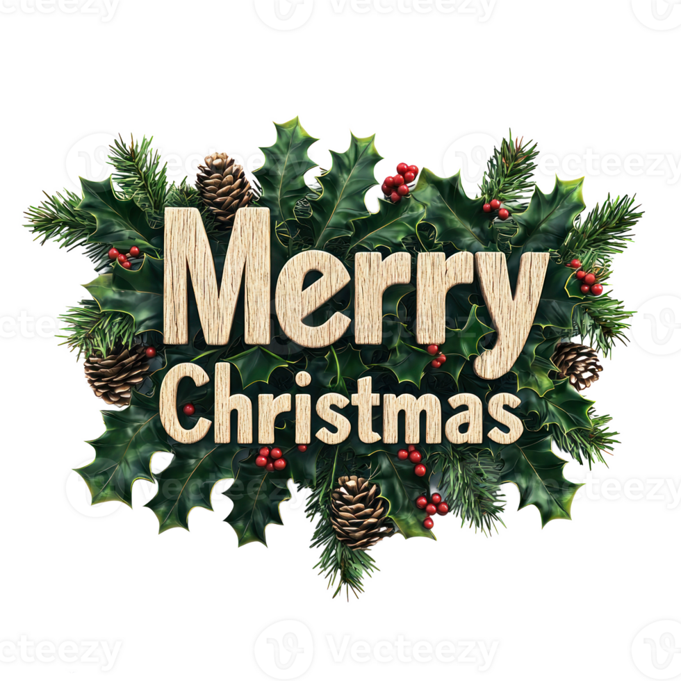 Merry Christmas Greeting 3D text decorate with mistletoe branches, pinecones, holly leaves, berries isolate on transparent background png