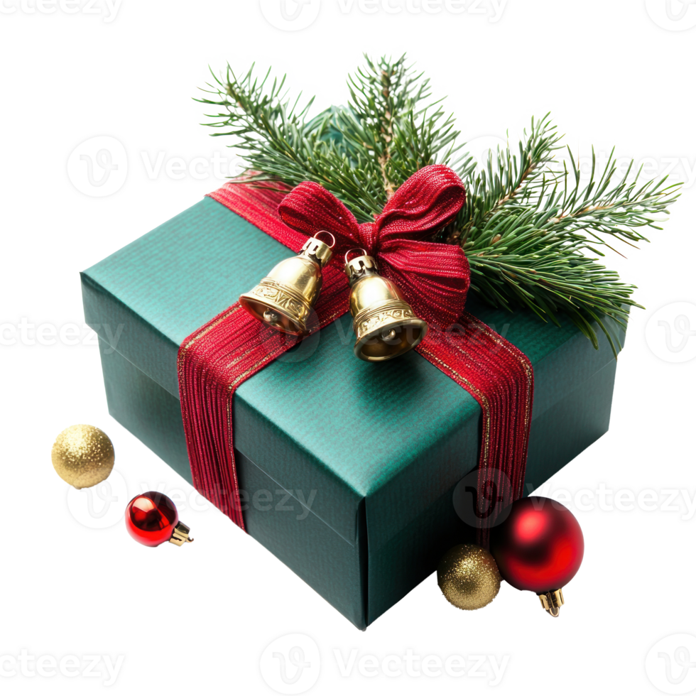 Christmas gift box with barble and jingle bell with fir branch isolate on transparent background png