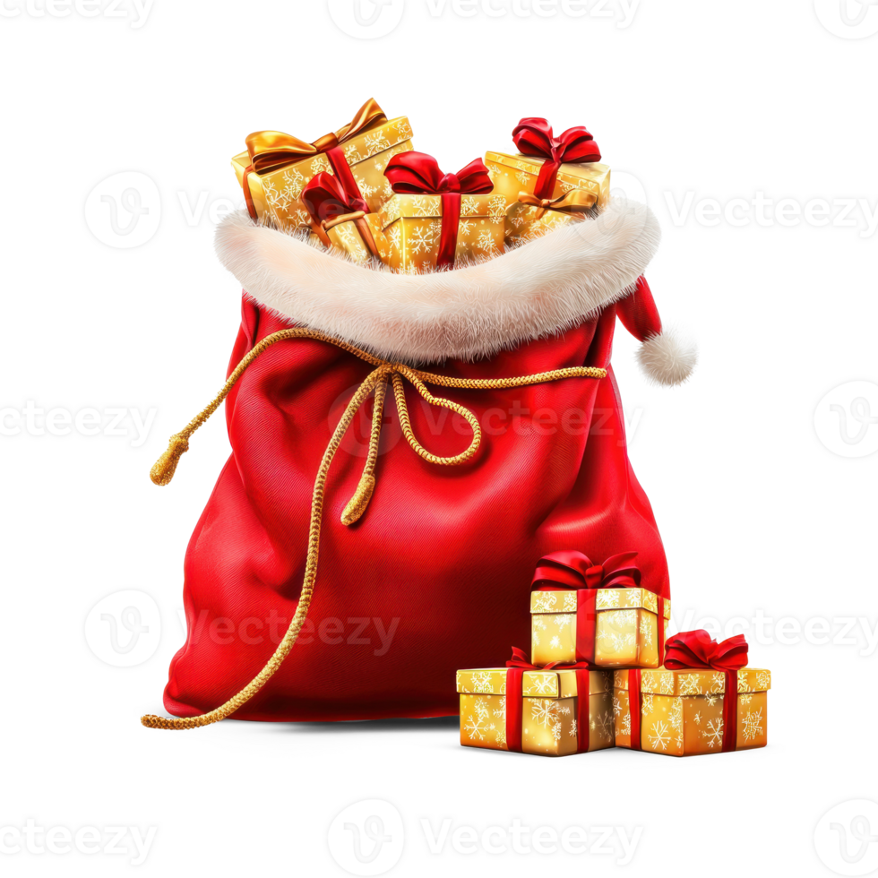 Santa Claus's red sack with gold gift boxes and toy isolate on transparent background png
