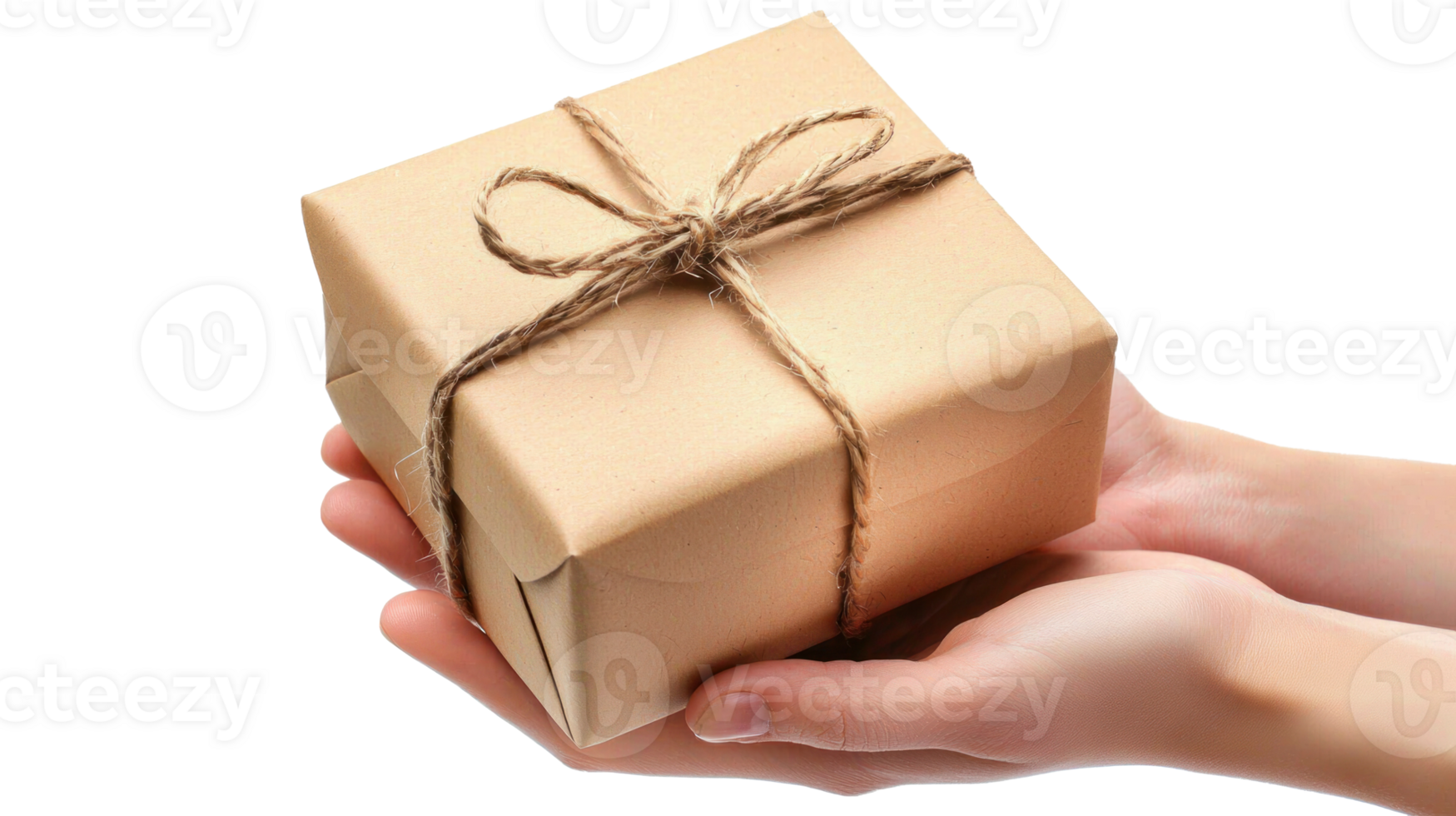 Hands holding craft paper giftbox with twine bow isolate on transparent background png