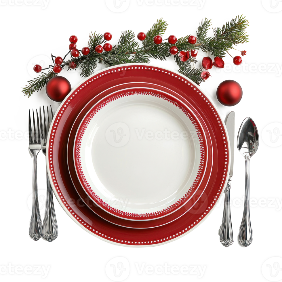 Christmas plate setting with white dishware, silverware and red decorations isolate on transparent background png