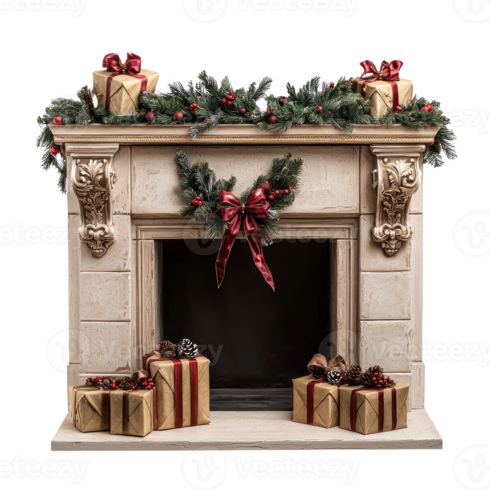 Beautiful Fireplace with Christmas decorations isolate on transparent background png