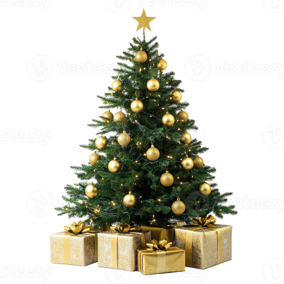 Christmas tree with gold ornament and artificial star hearts presents isolate on transparent background png