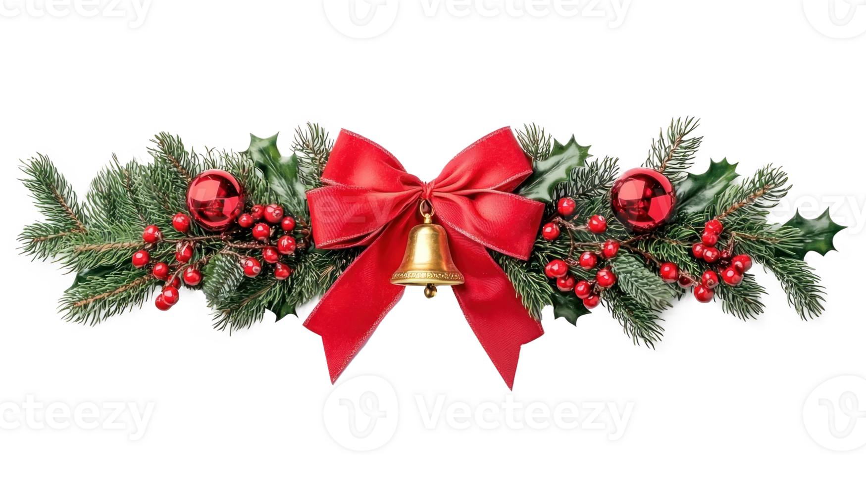 Christmas border with red ribbon and bow with gold bell Holly Berry Mistletoe Ivy Fir and red Bauble isolate on transparent background png