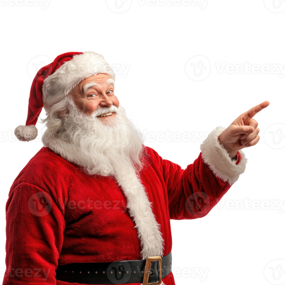 Smiling Santa Claus with hand pointing at empty space, standing side view isolate on transparent background png