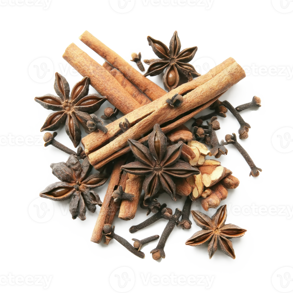 Cinnamon, anise and cloves top view isolate on transparent background png