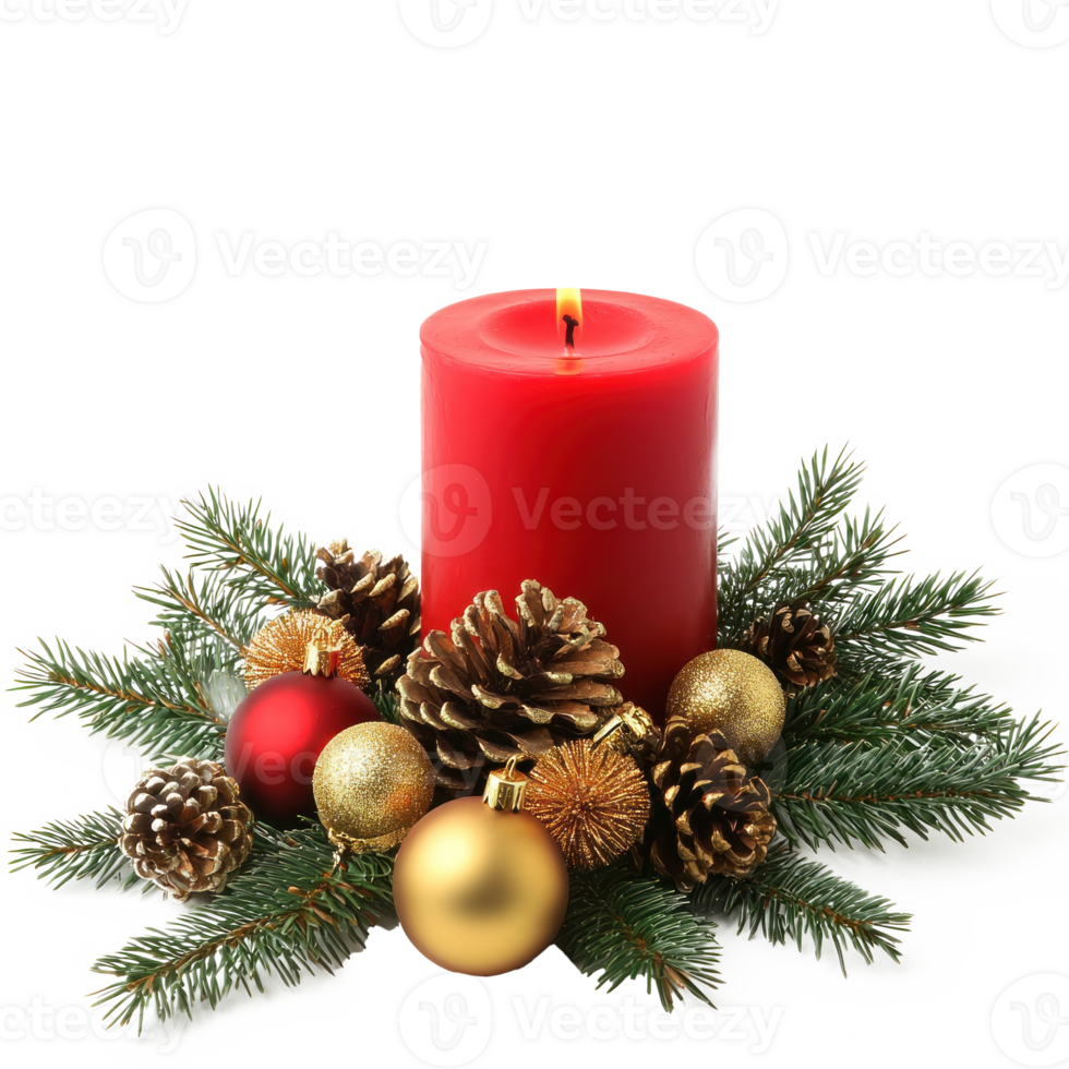 Christmas red candle with green fir branches and gold pinecones and baubles isolate on transparent background png