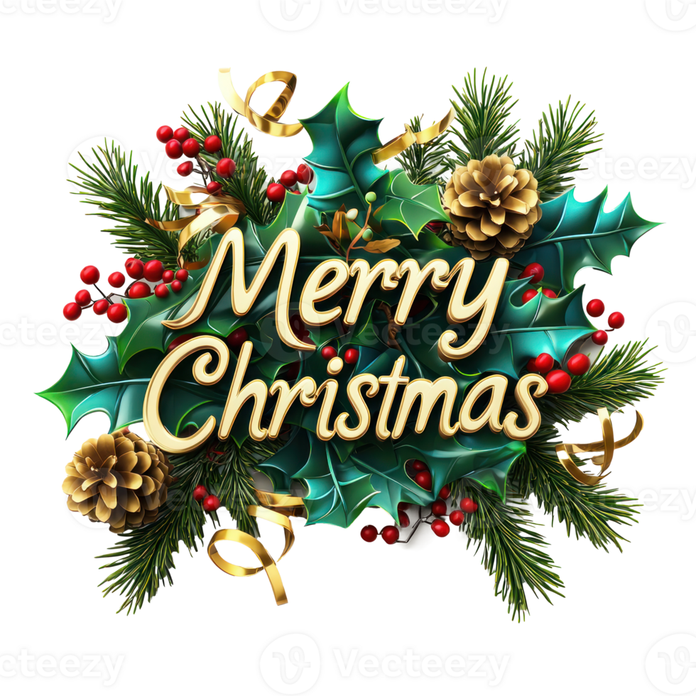 Merry Christmas Greeting 3D text decorate with mistletoe branches, pinecones, holly leaves, berries isolate on transparent background png