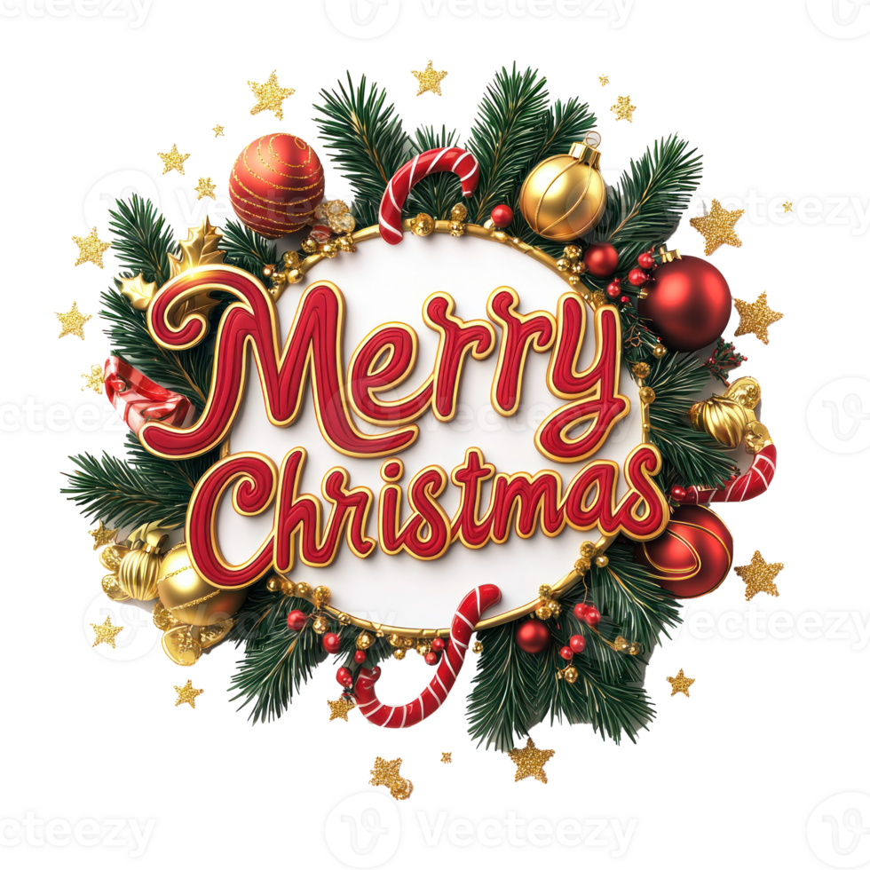 Merry Christmas lettering 3D red and gold with christmas decoration items isolate on transparent background png