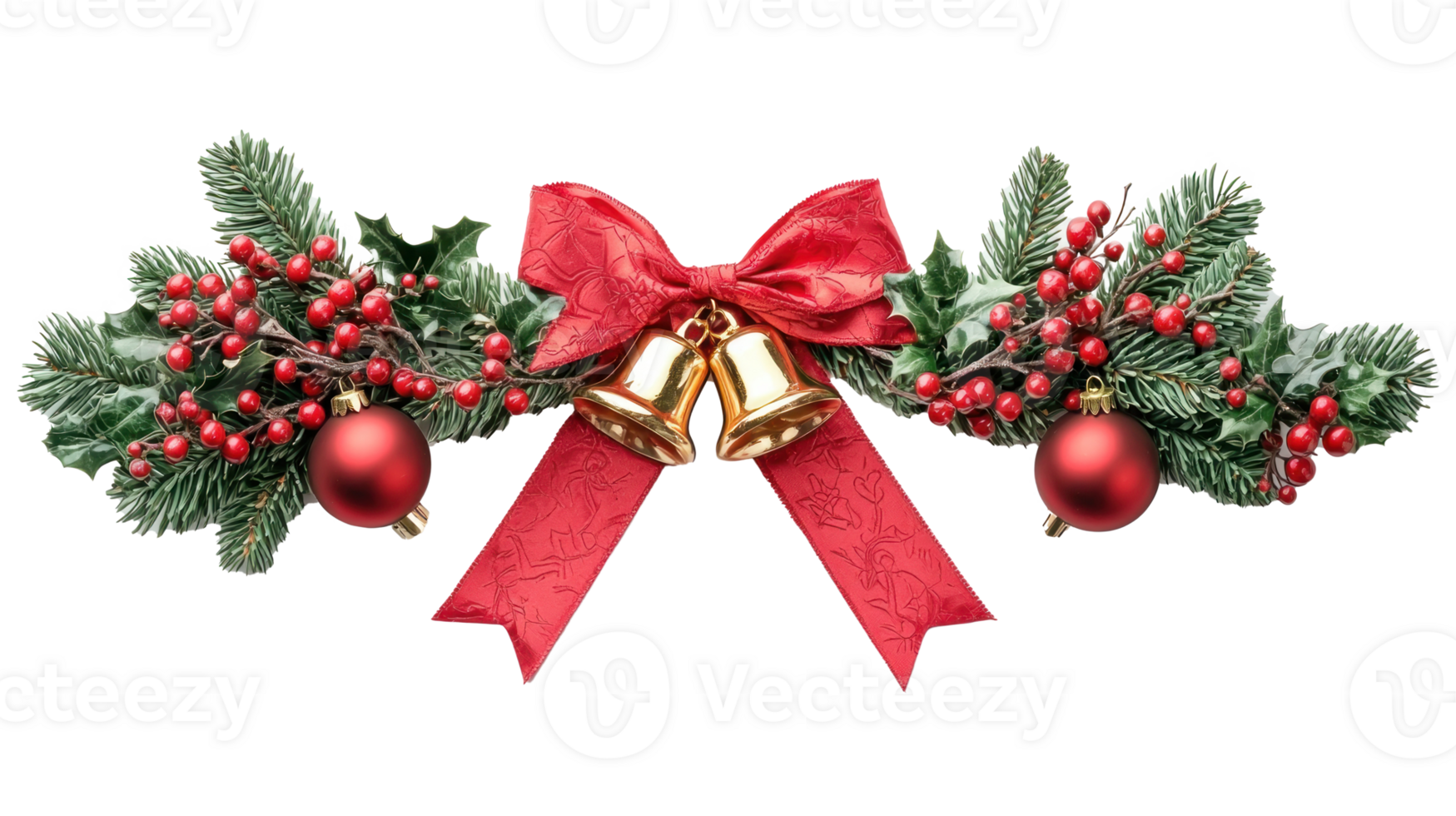 Christmas border with red ribbon and bow with gold bell Holly Berry Mistletoe Ivy Fir and red Bauble isolate on transparent background png
