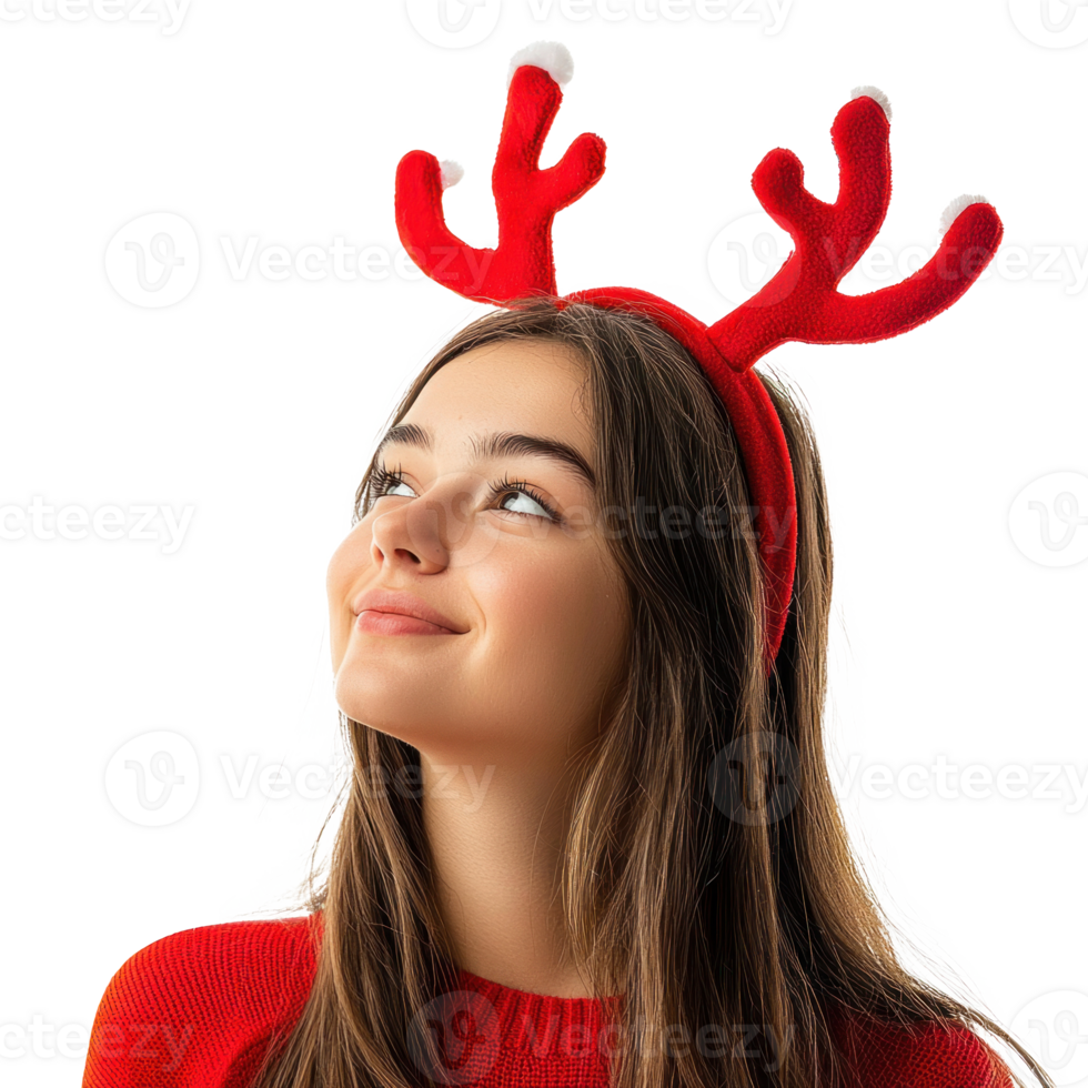 Pretty young woman smiline wear red reindeer antlers headband looking up side view isolate on transparent background png