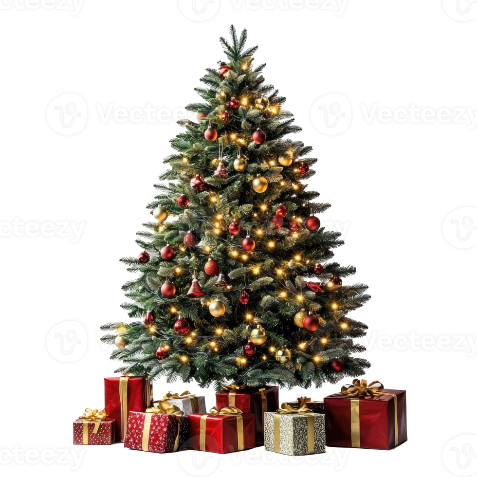 Christmas tree with lights and gifts isolate on transparent background png