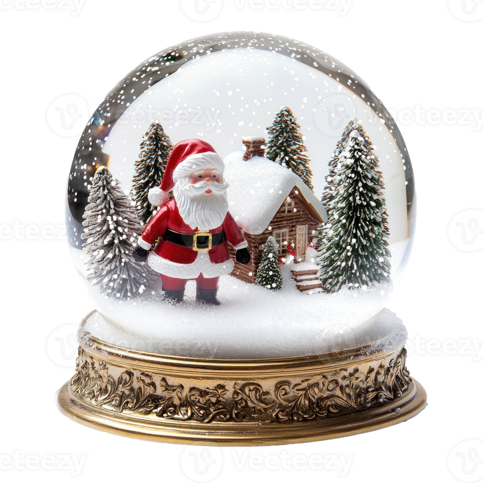 a miniature Santa claus tiny trees and a small house winter scene inside snow globe, glitter snow swirling around inside the glass dome, isolate on transparent background png
