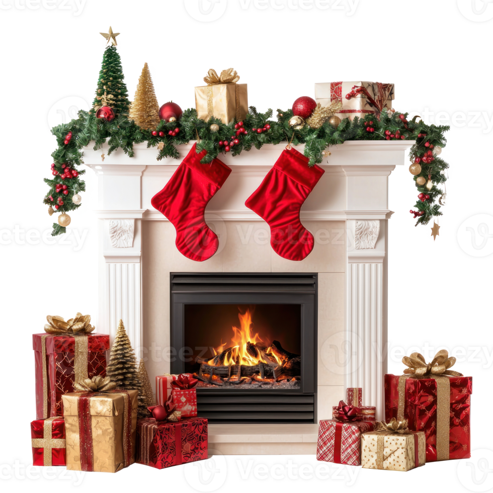 Christmas Fireplace with red and gold gifts decoration items isolate on transparent background png