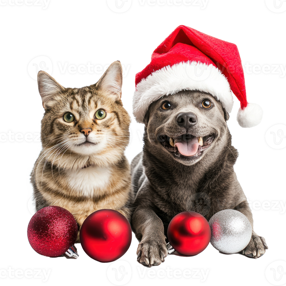 Funny dog and cat wearing a santa hat with christmas decoration items front view full length isolate on transparent background png