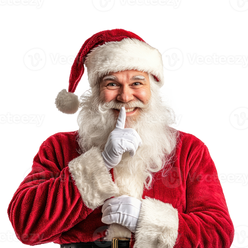 Smiling Santa Claus with fingers on lips gesture, standing isolate on transparent background png