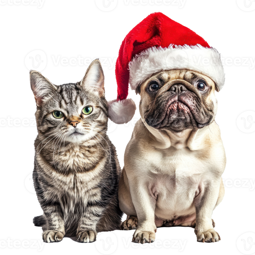 Funny dog and cat wearing a santa hat front view full length isolate on transparent background png