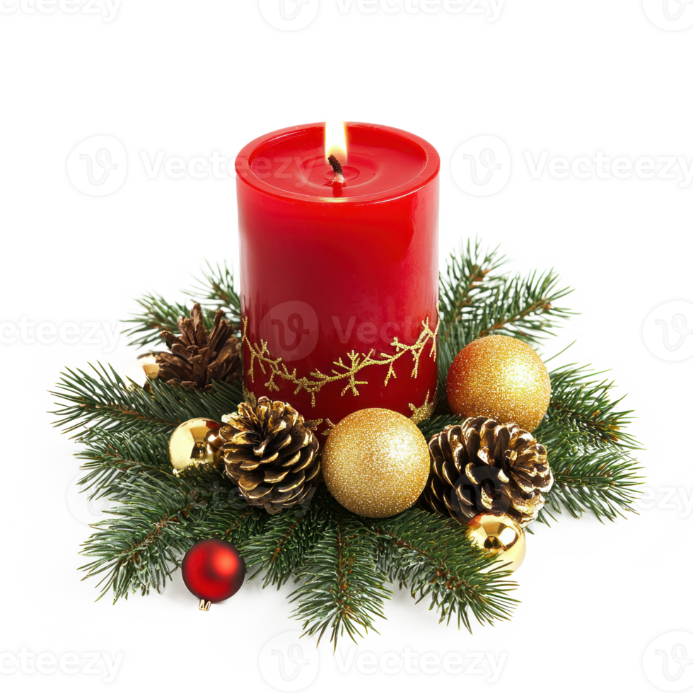 Christmas red candle with green fir branches and gold pinecones and baubles front view isolate on transparent background png