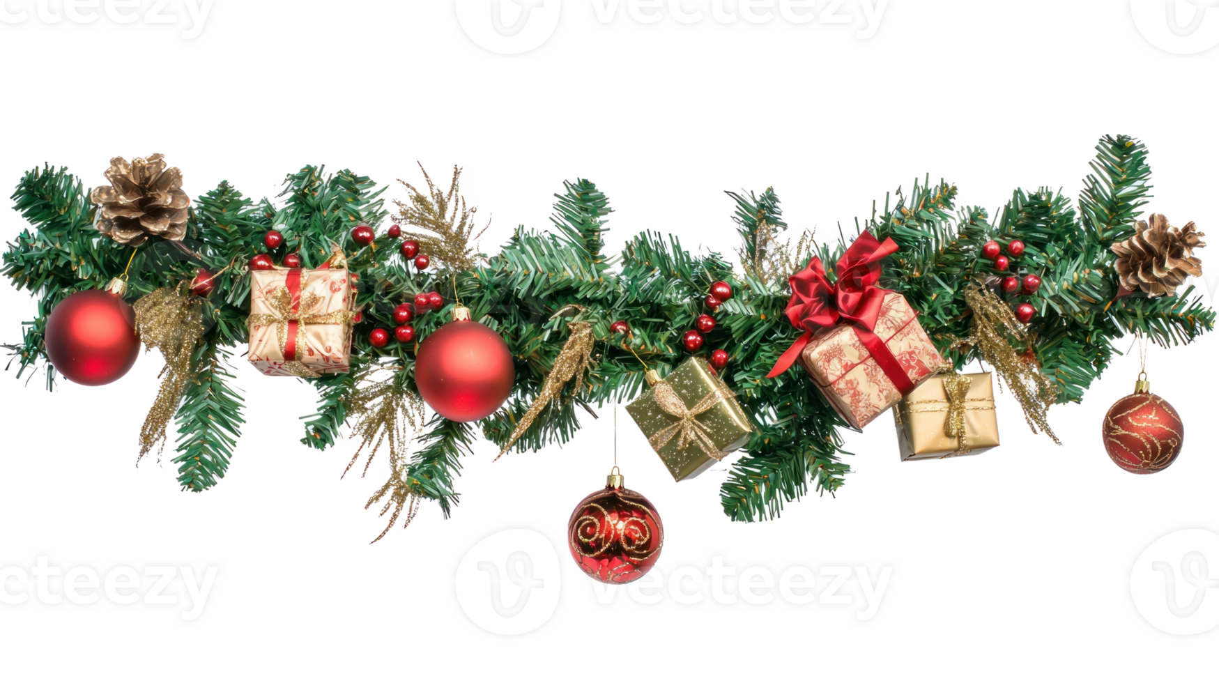Christmas Garland with gifts and decoration isolate on transparent background png