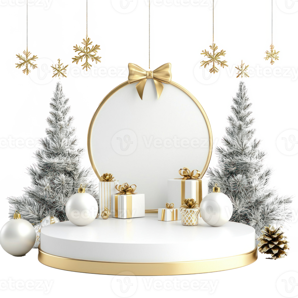 Christmas white and gold podium with decoration items isolate on transparent background png