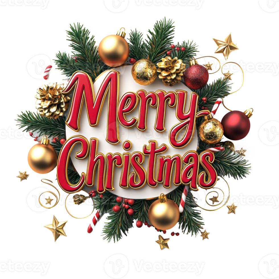 Merry Christmas lettering 3D red and gold with christmas decoration items isolate on transparent background png