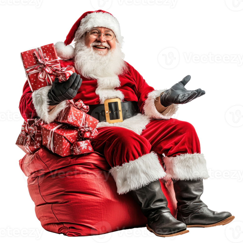 smiling Santa Claus sitting on a red flipped sack with presents and open arms side view isolate on transparent background png