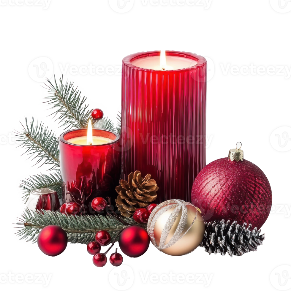 holiday elegant candle set with Christmas deocrations items isolate on transparent background png