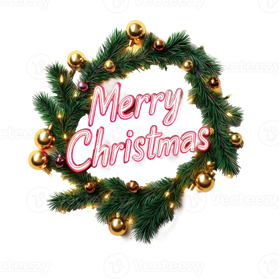BOLD text Merry Christmas in Christmas style 3D rendering, shape of christmas fir branches decorated with garland and baubles isolate on transparent background png