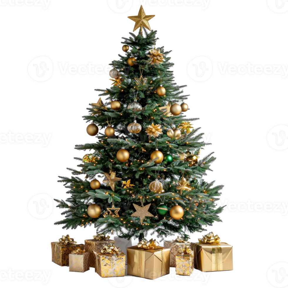 Christmas tree with gold ornament and artificial star hearts presents front view isolate on transparent background png