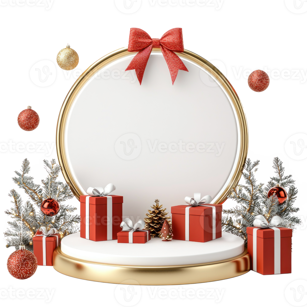 Empty Christmas podium with gold and red decorations and presents isolate on transparent background png