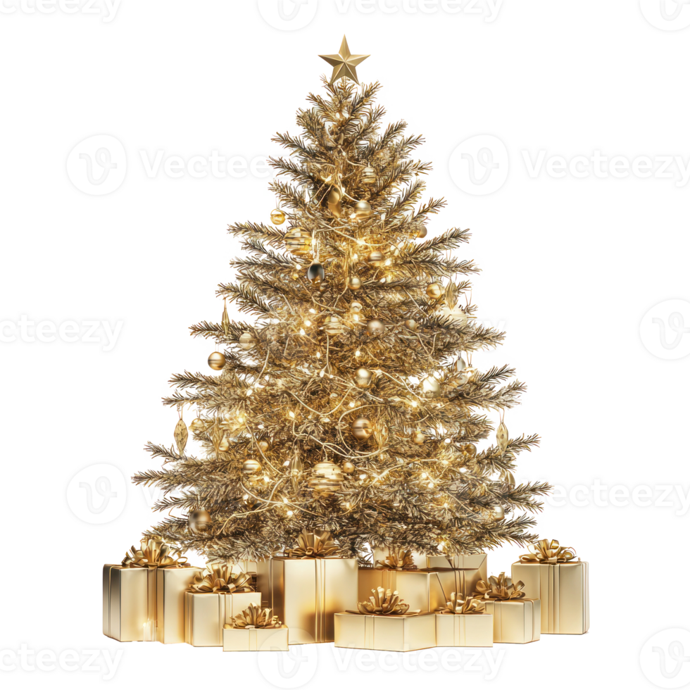 Gold Christmas tree with presents front view isolate on transparent background png