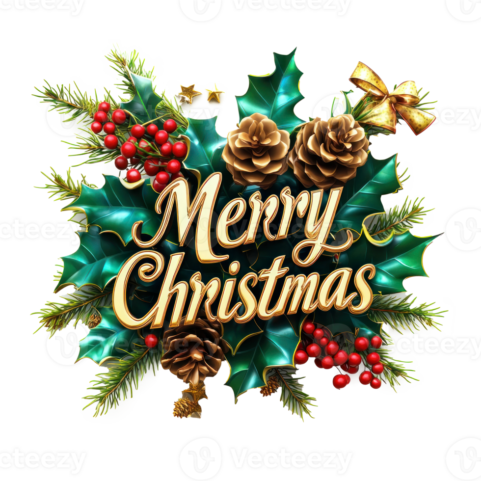 Merry Christmas Greeting 3D text decorate with mistletoe branches, pinecones, holly leaves, berries isolate on transparent background png