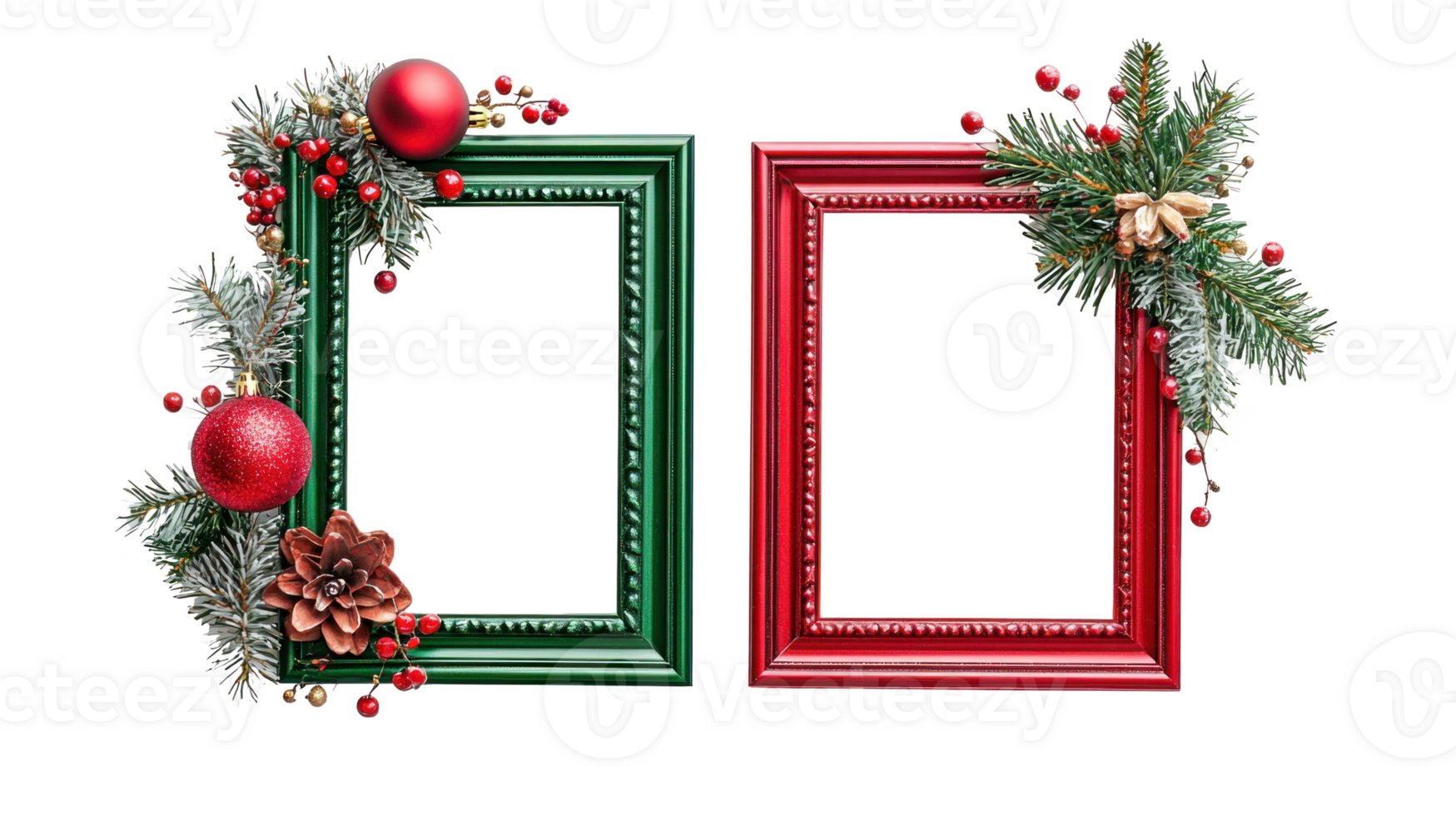 Christmas green and red photo frame with christmas decoration isolate on transparent background png