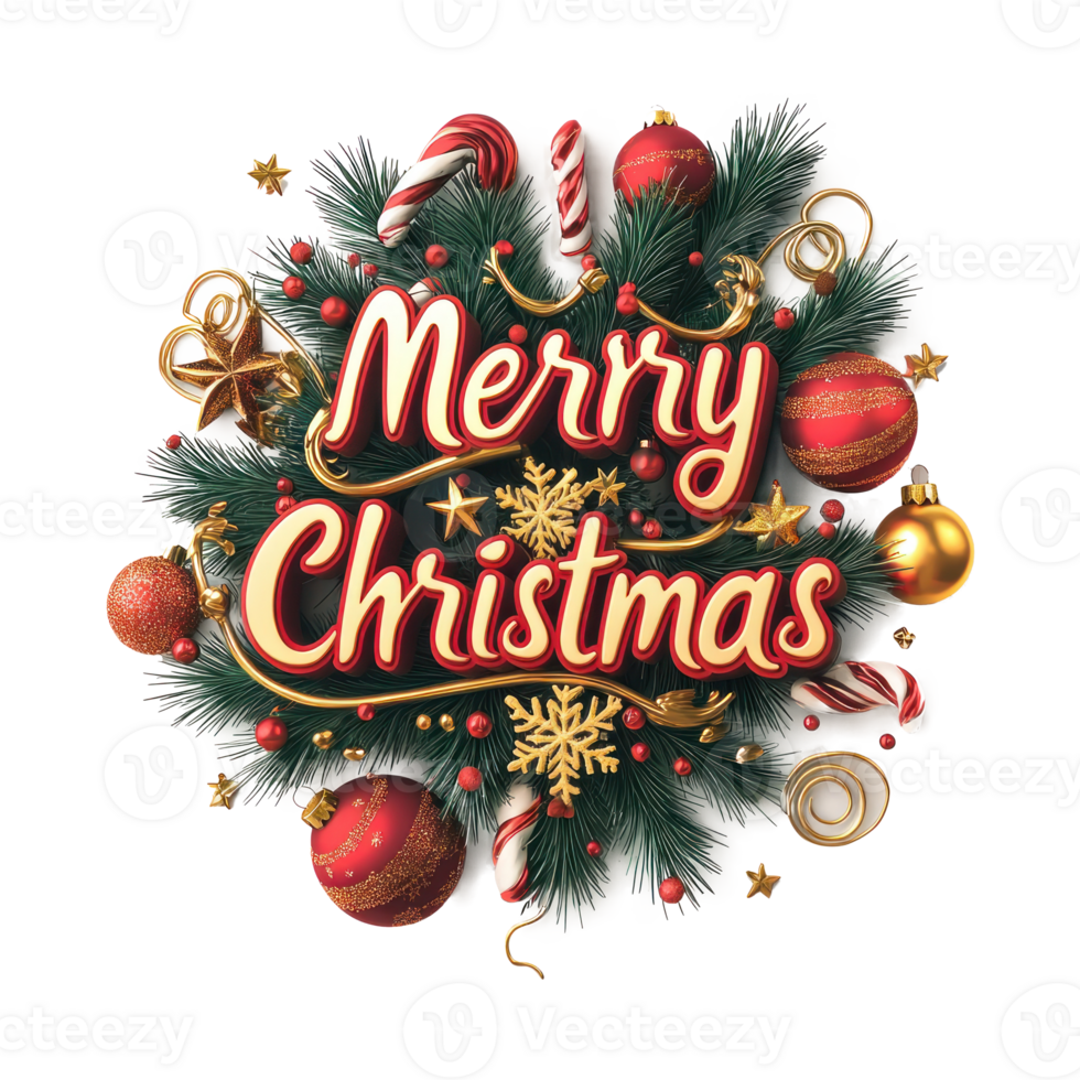 Merry Christmas lettering 3D red and gold with christmas decoration items isolate on transparent background png