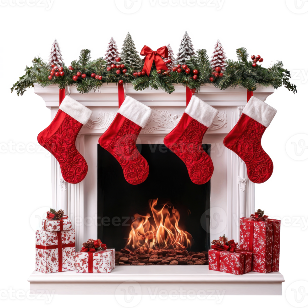 Christmas fireplace with red stockings gifts and decorations isolate on transparent background png