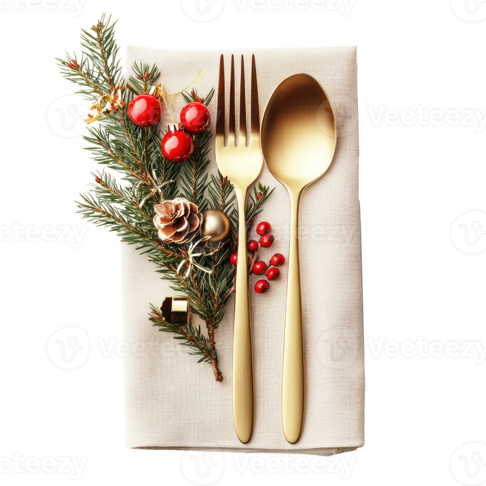 Elegant Christmas serving cutlery on a napkin top view isolate on transparent background png