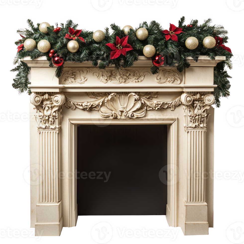 Christmas Ornate and Garland on Top of a Fireplace isolate on transparent background png