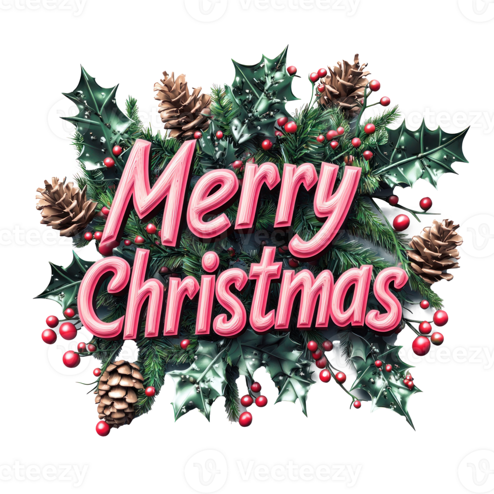 Merry Christmas Greeting 3D text decorate with mistletoe branches, pinecones, holly leaves, berries isolate on transparent background png