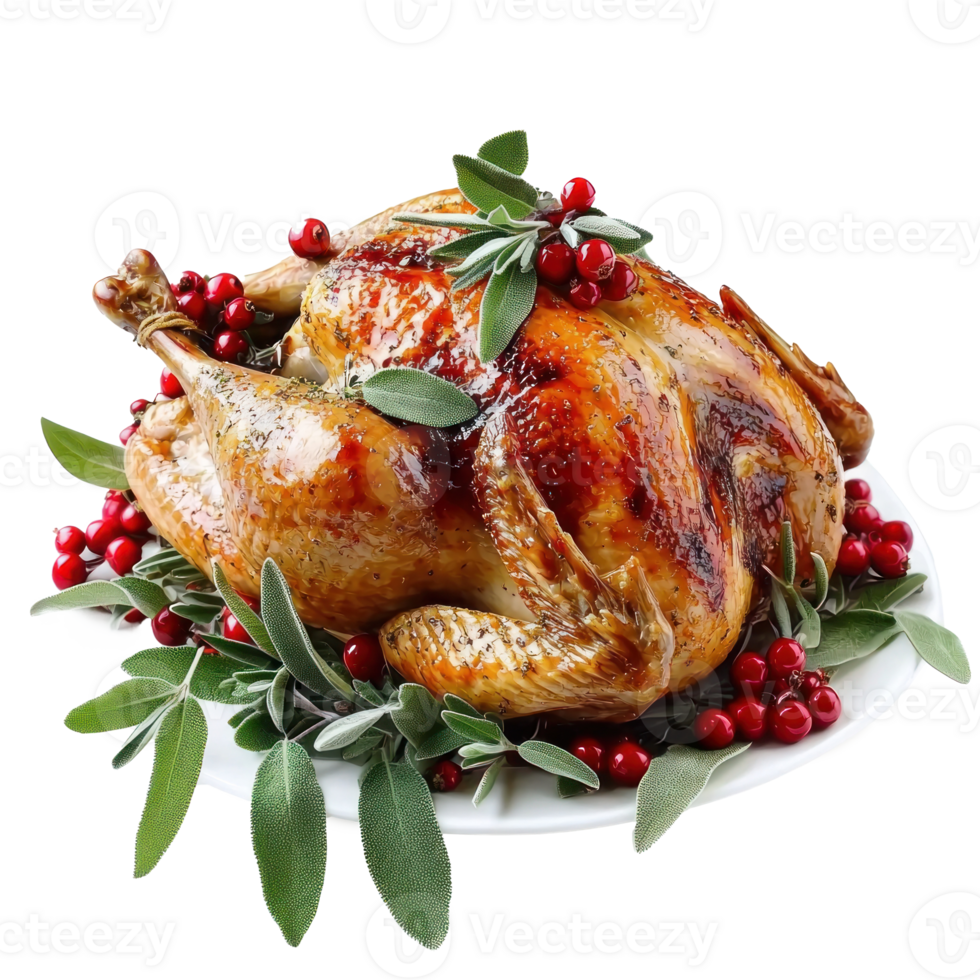 Christmas turkey garnished with red berries and sage leaves isolate on transparent background png