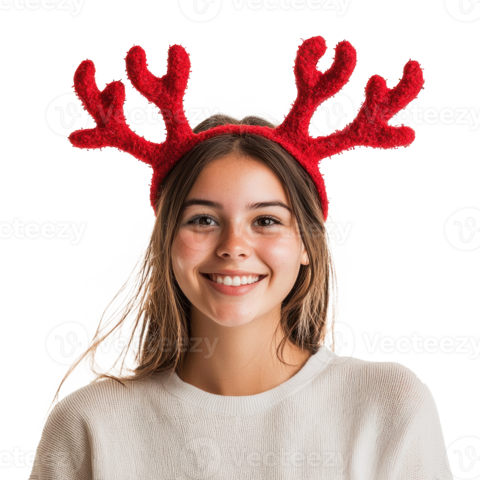 Pretty young woman smiline wear red reindeer antlers headband looking up front view isolate on transparent background png