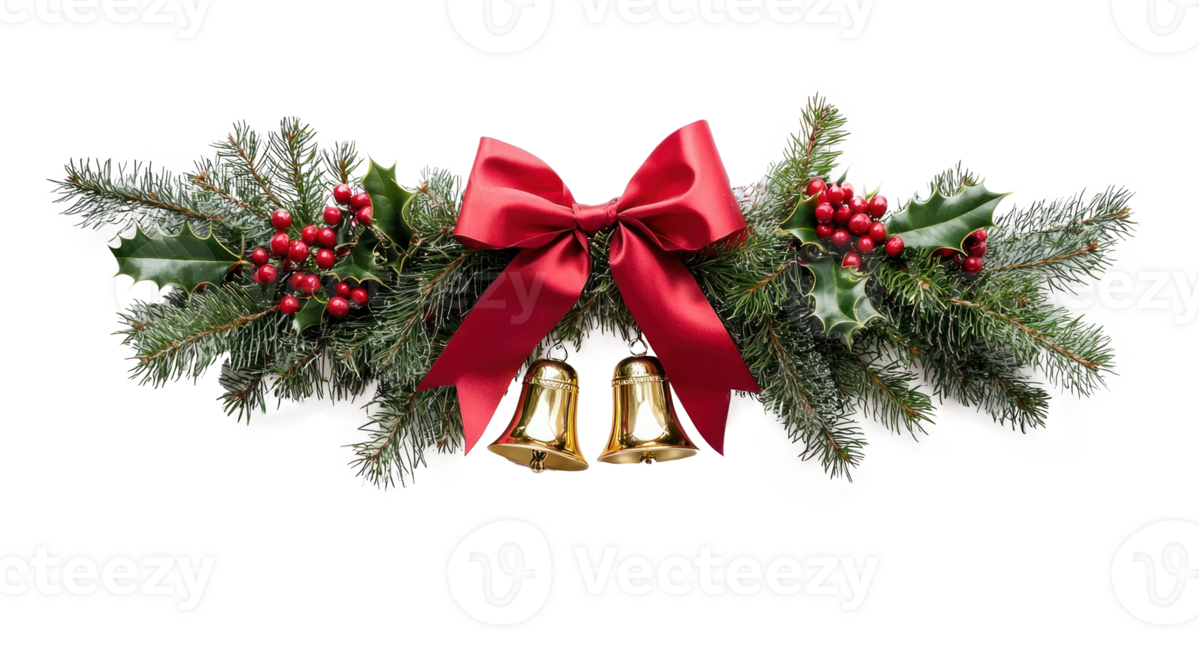 Christmas pine and holly swag with big red ribbon and two new shiny gold bells isolate on transparent background png